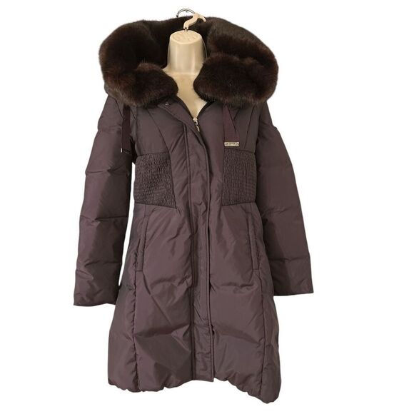 TAHARI WOMENS WINTER Faux Fur HOODED PUFFER COAT Size Small Sangria - Picture 1 of 11